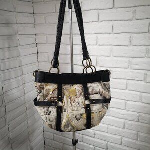 Michi "Retired" Gina Demi Shell Old World Map Lined Handbag w/ Woven Handles